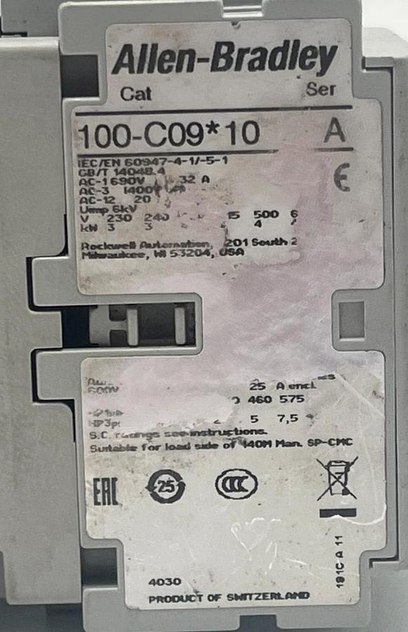 ALLEN BRADLEY 100-C09*10 SER A IEC CONTACTOR 3-POLE 9A, 110/120V 100-C09D10 NSNP 662072608203