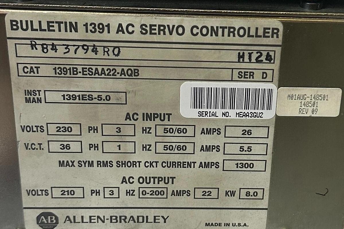 Used For Parts ALLEN BRADLEY 1391B-ESAA22-AQB /D AC SERVO CONTROLLER 8kW 22A 3-PHASE