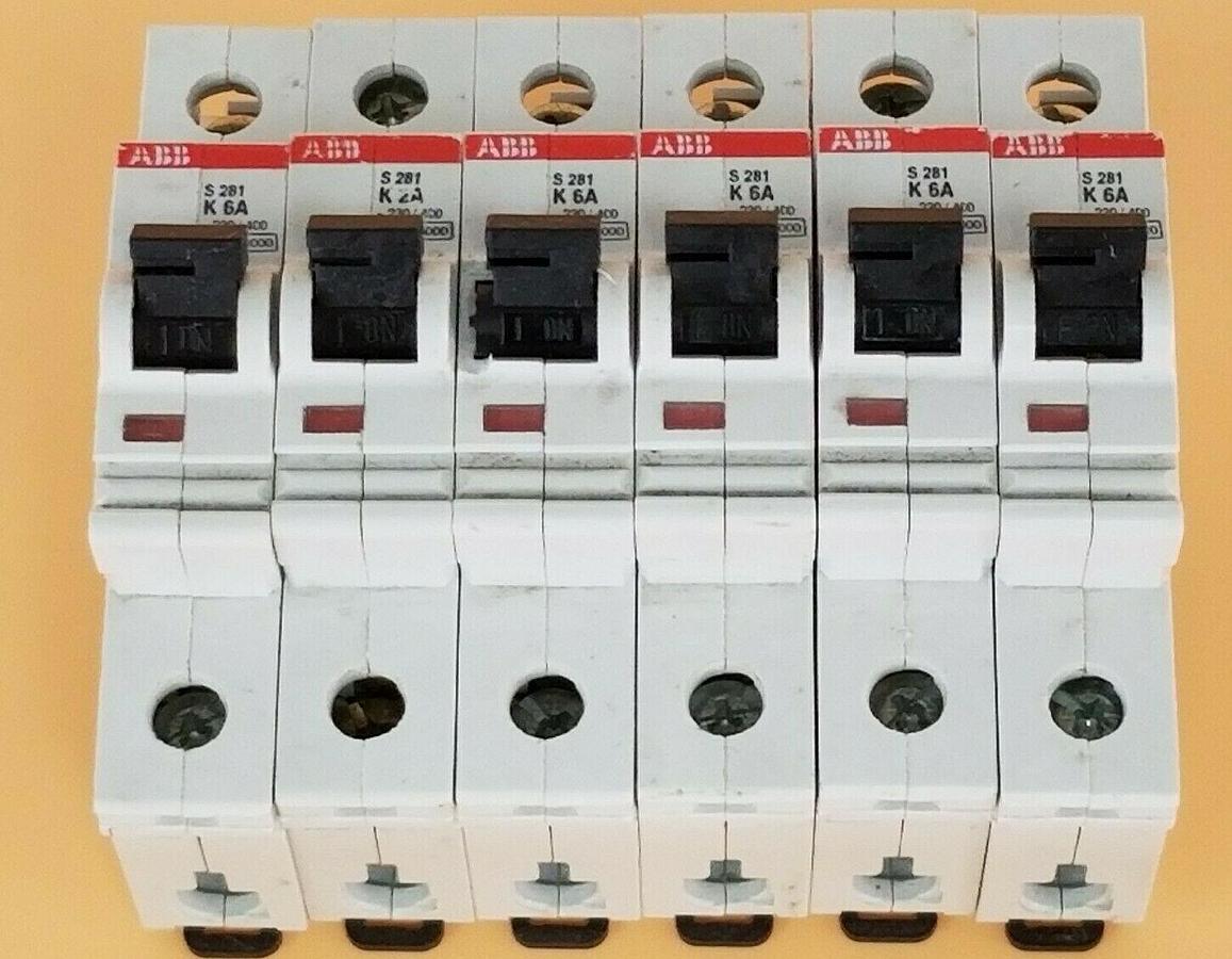 Used LOT OF 6 ABB S281-K6 CIRCUIT BREAKERS, 6AMP, 230/400VAC, 1POLE, S281K6A