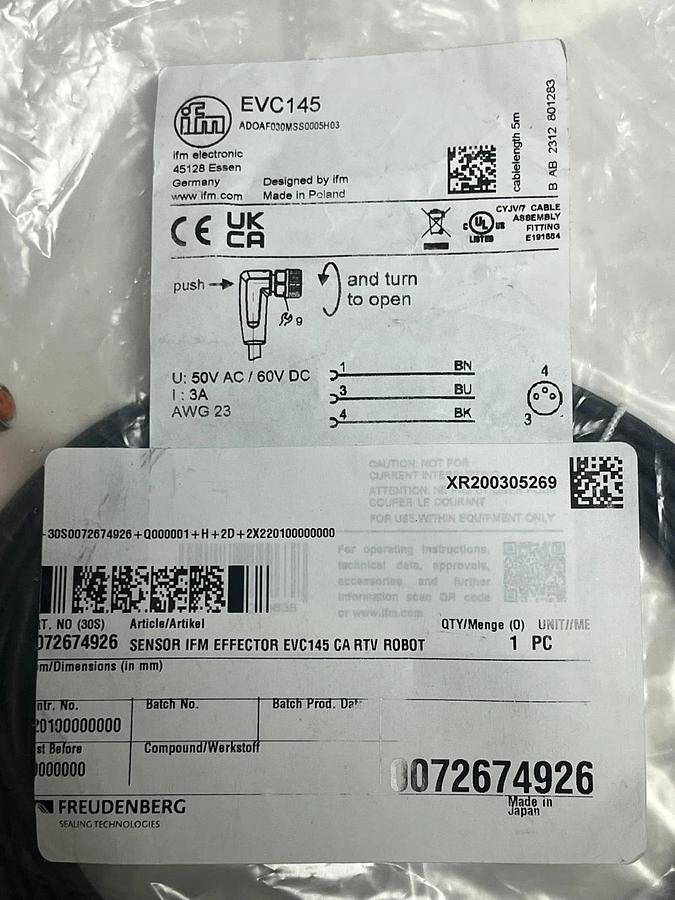 Used IFM Effector EVC145 M12 Right Angle 4-Wire 5 Meter Sensor Cable Cordset