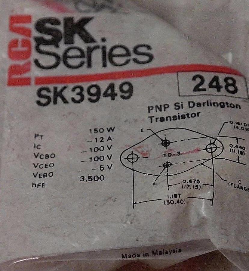 Used LOT OF 5 NEW RCA GE SK3949 PNP-DARLINGTON POWER TRANSISTORS GE-358, ECG248