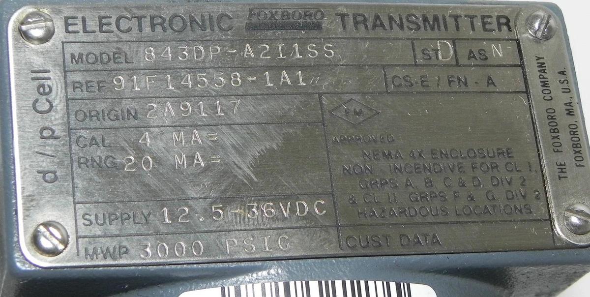 Used FOXBORO 843DP-A2I1SS  ELECTRONIC TRANSMITTER 843DPA2I1SS