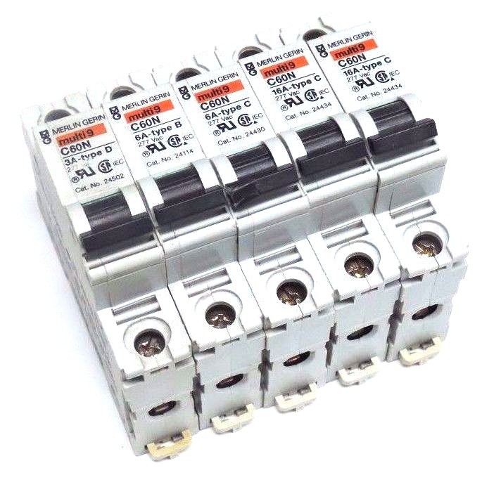 Used LOT OF 5 MERLIN GERIN 24502, 24114, 24430, 24434 MULTI 9 CIRCUIT BREAKERS