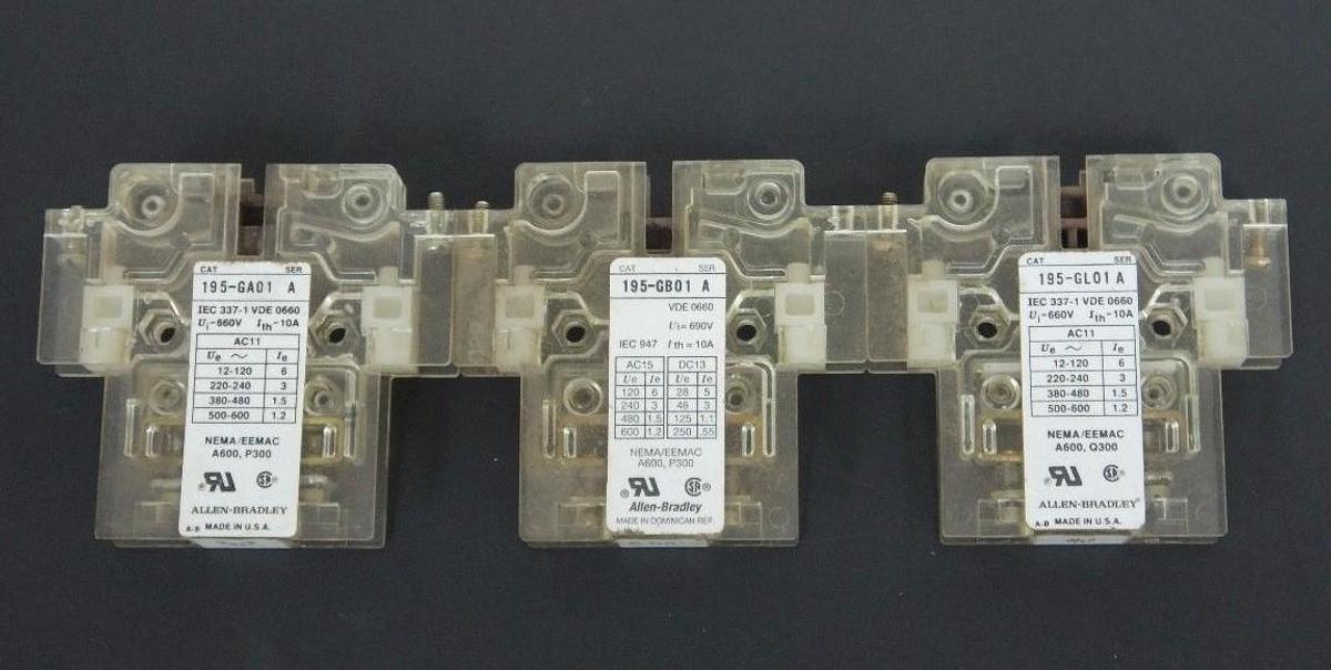 Used LOT OF 3 ALLEN BRADLEY AUXILIARY CONTACTS 195-GA01 , 195-GL01 , 195-GB01 SER. A