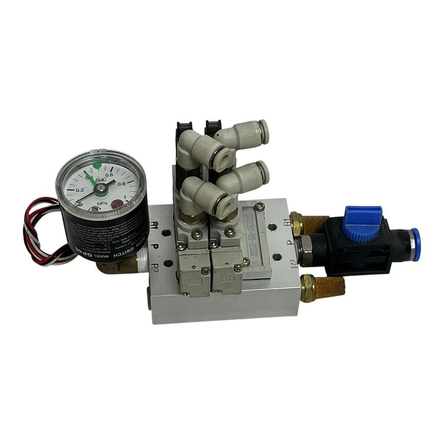 Used Lot of 3 TPC DV3120 Solenoid Valve Manifold Block SMC GP46 Pressure Gauge Switch