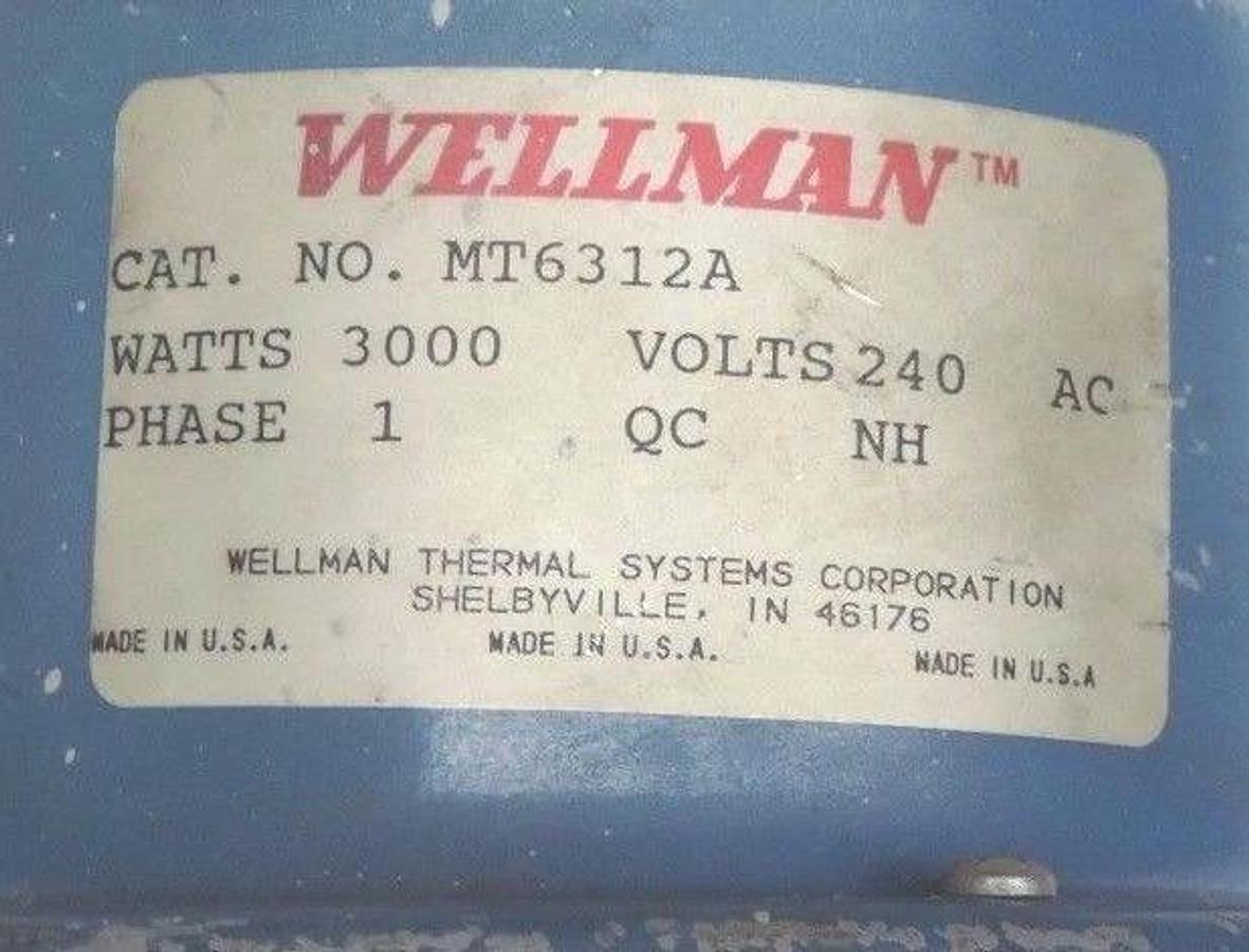 Used WELLMAN THERMAL SYSTEMS MT6312A TANK HEATER 3000 WATTS 240VAC PHASE 1