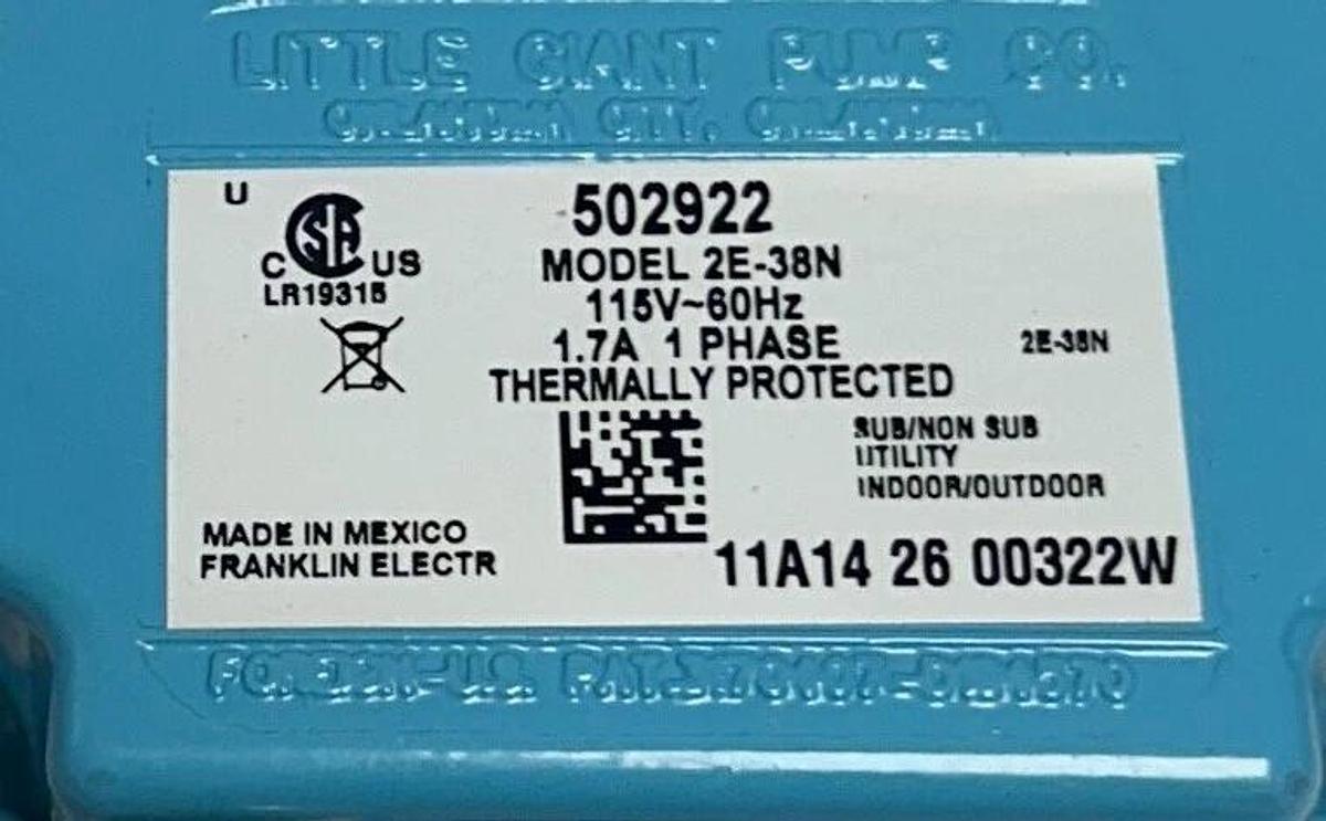 LITTLE GIANT 2E-38N / 502922 SUBMERSIBLE IN-LINE PUMP 115V 60Hz 1.7A 1P372 NSMP