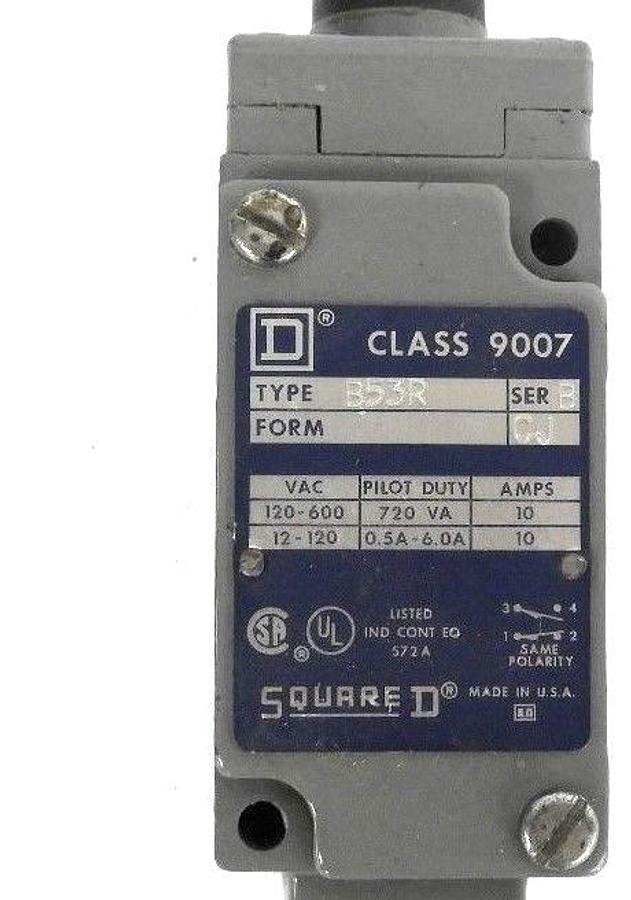 Used SQUARE D 9007-B53R-CJ LIMIT SWITCH SER. B FORM CJ 9007-B53R 9007B53R
