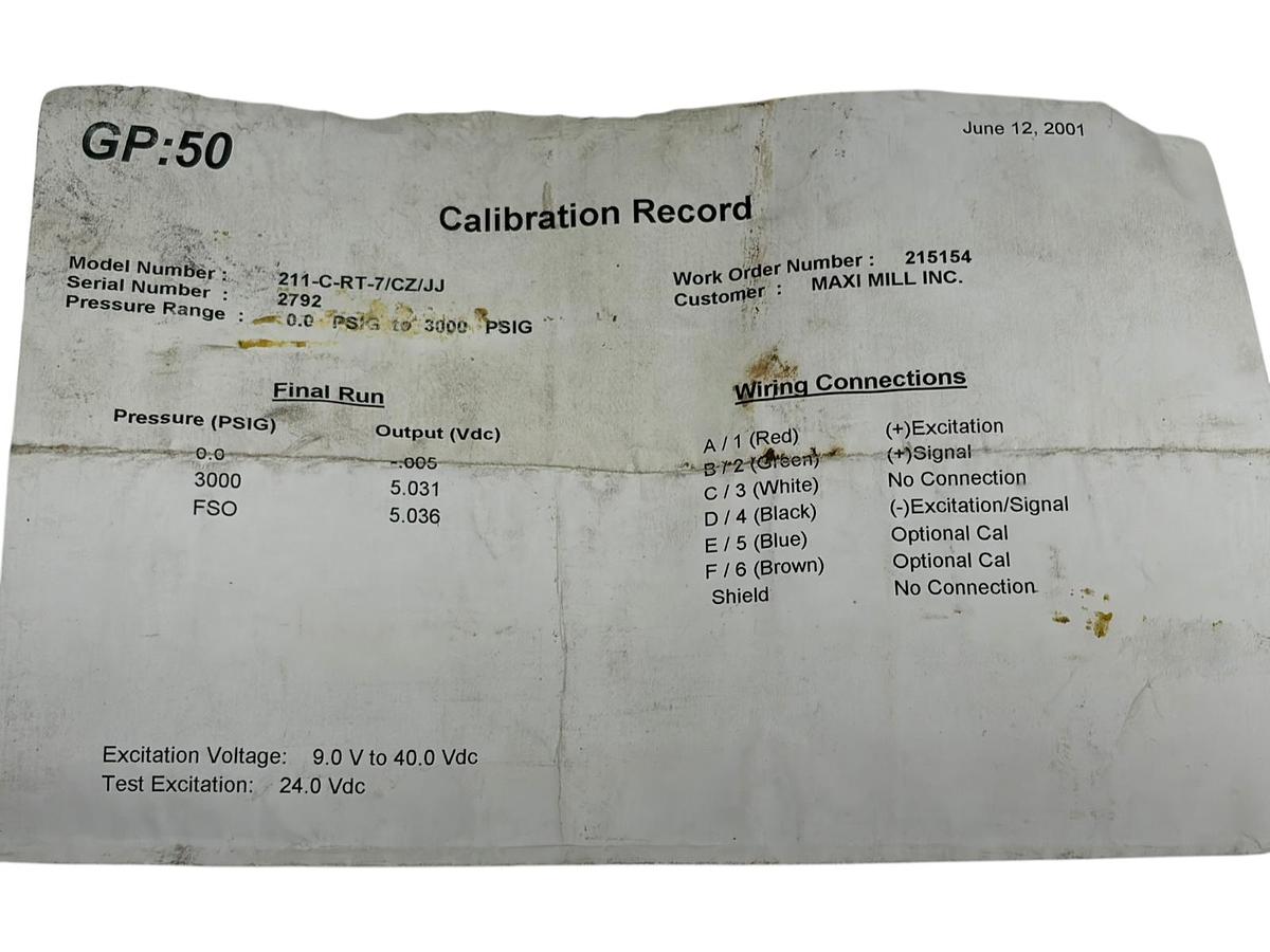 Used GP:50 211-C-RT-7/CZ/JJ Pressure Transducer 0-3000 PSIG Stainless New Calibration