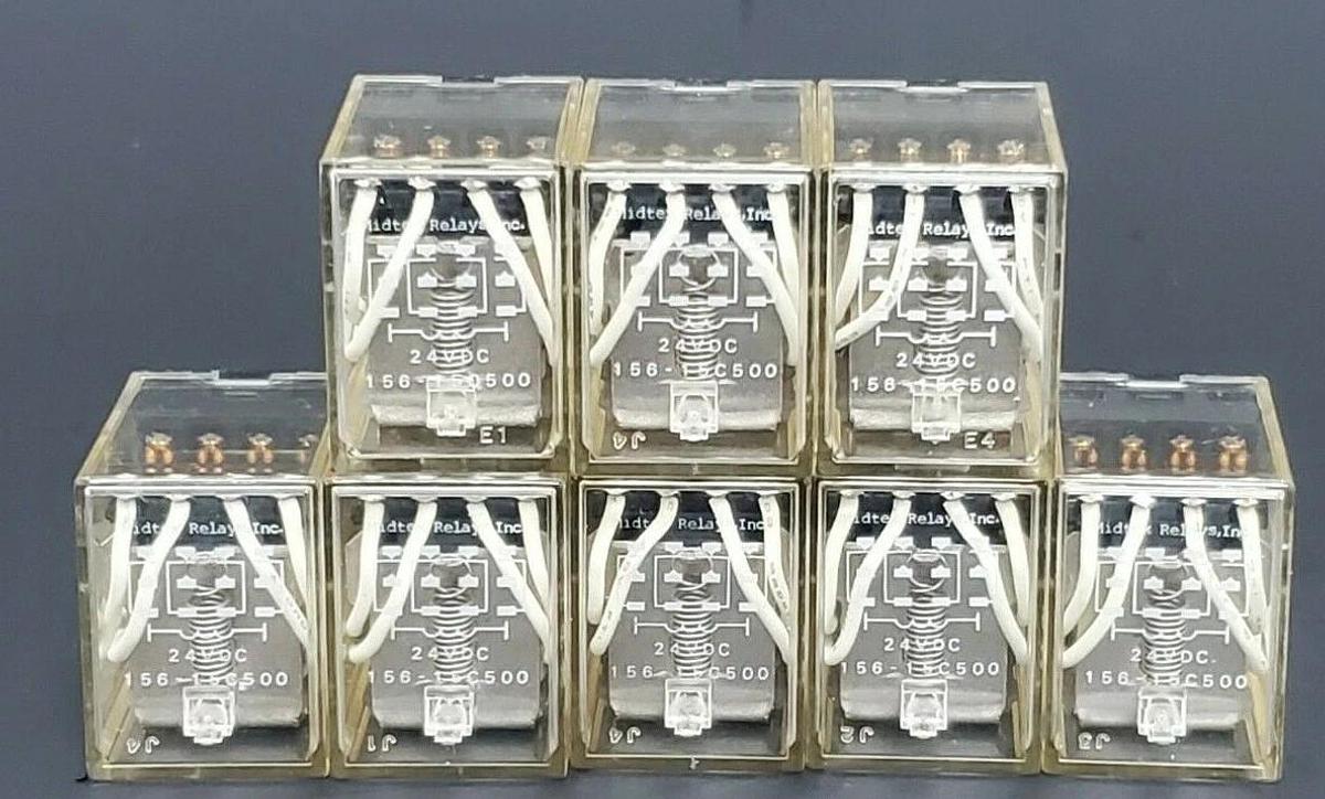 Used LOT OF 8 MIDTEX RELAY INC. 156-15C500 RELAYS 15615C500, 24VDC