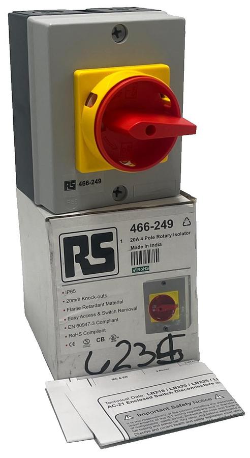 Used RS PRO 466-249 ROTARY ISOLATOR DISCONNECT SWITCH 20A 4 Pole IP65 466249 NSMP