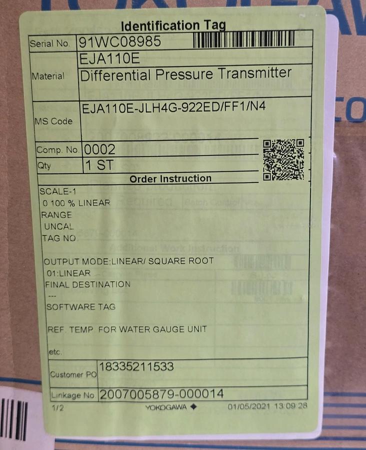 YOKOGAWA EJA110E S2 DIFFERENTIAL PRESSURE TRANSMITTER EJA110E-JLH4G-922ED/FF1/N4