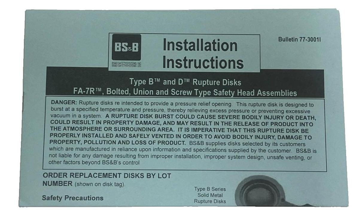 BS&B 1.5" Rupture Disk Type B Hastelloy C276 Burst 4245 PSIG @ 140 F 1.5 Inch