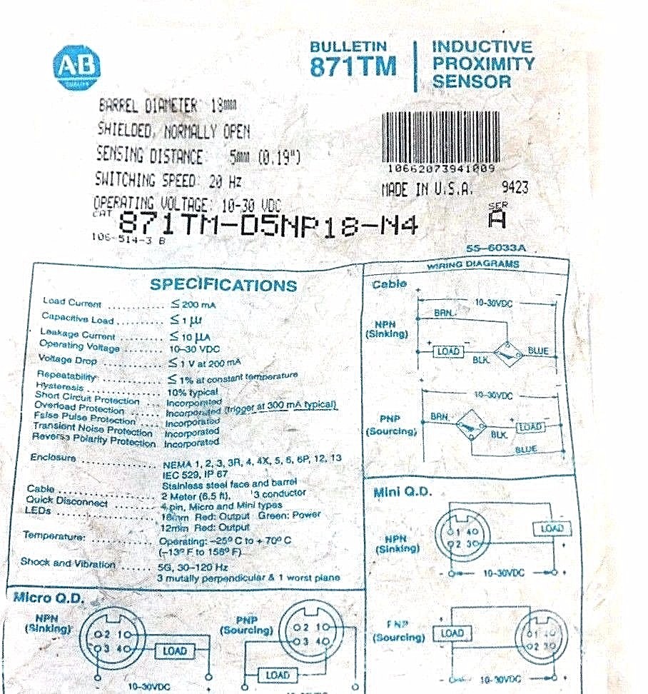 NIB ALLEN BRADLEY 871TM-D5NP18-N4 SER. A PROXIMITY SENSOR 871TMD5NP18N4