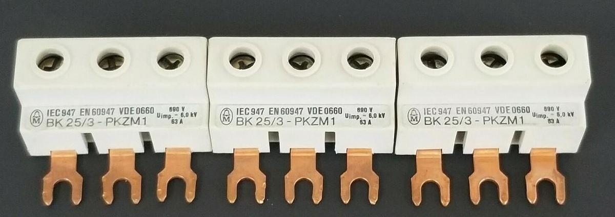 Used LOT OF 3 MOELLER BK25/3-PKZM1 CONNECTOR FEEDER TERMINALS 63AMP, 3P, 690VAC, 6KV