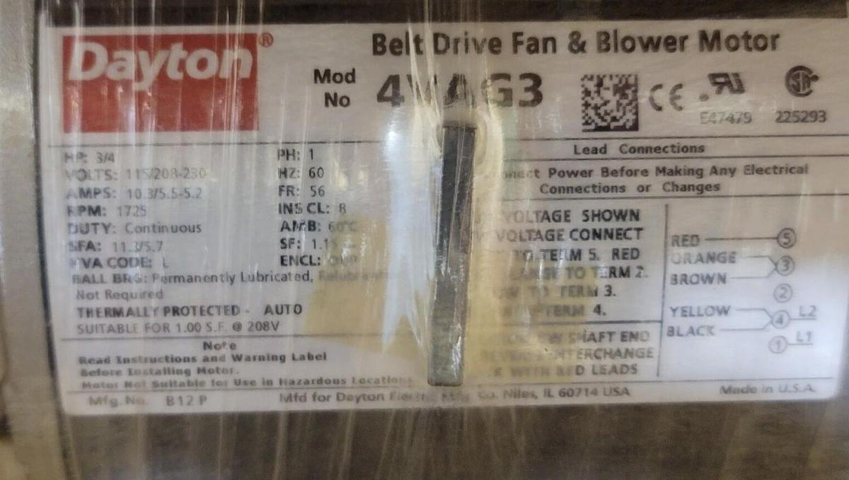 Used NEW DAYTON 4VAG3 BELT DRIVE FAN & BLOWER MOTOR 3/4HP 60Hz 1PHASE
