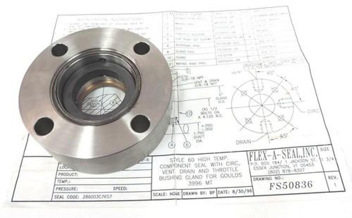 Used NEW FLEX A SEAL FS50836 SEAL W/CIRC VENT DRAIN AND THROTTLE BUSHING GLAND 1-3/4"