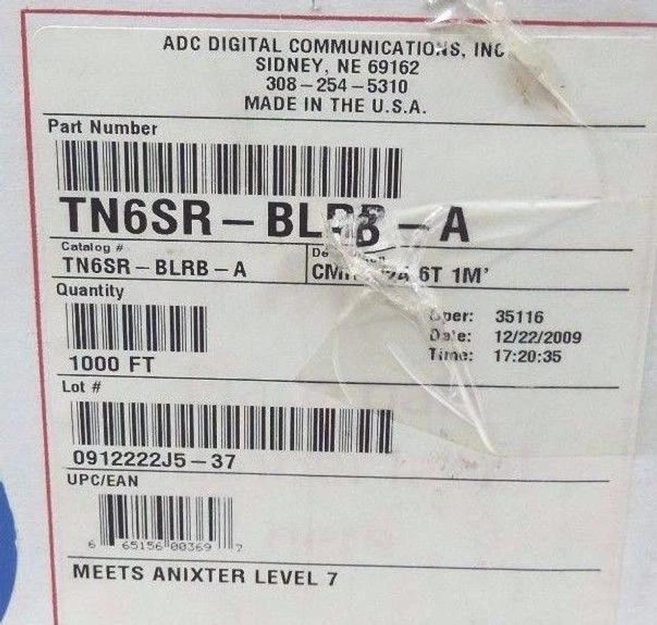 Used NIB ADC DIGITAL COMMUNICATIONS TN6SR-BLRB-A CMR 4/24 6T CABLE 1000FT. TN6SRBLRBA