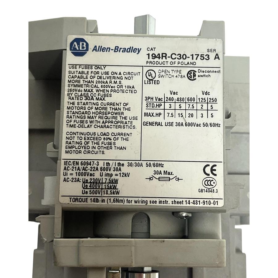 Used Allen Bradley 194R-C30-1753 Ser A 30A Rotary Disconnect Switch w/ 194R-N2 Handle