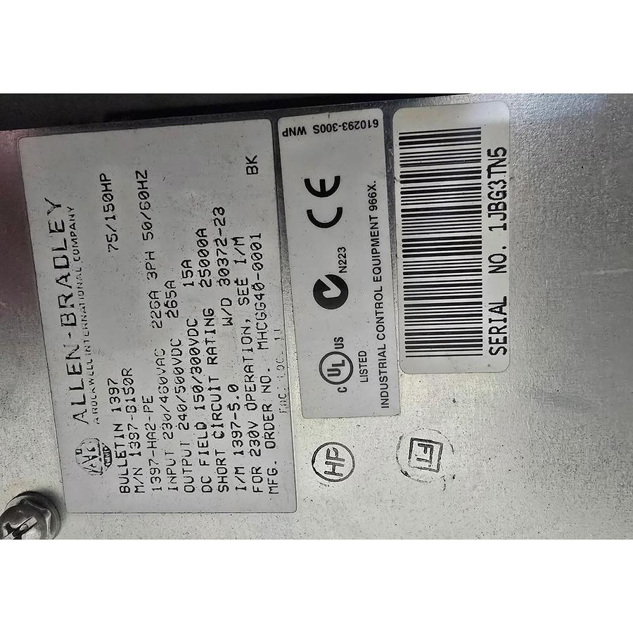 Used ALLEN BRADLEY 1397-B150R DC DRIVE 75/150HP IN:230/460VAC OUT:240/500VDC USPI