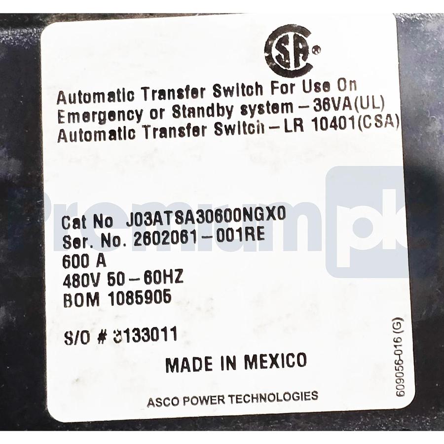 ASCO J03ATSA30600NGX0 Series 300 Automatic Transfer Switch 600A 480V 3-Pole NSNP