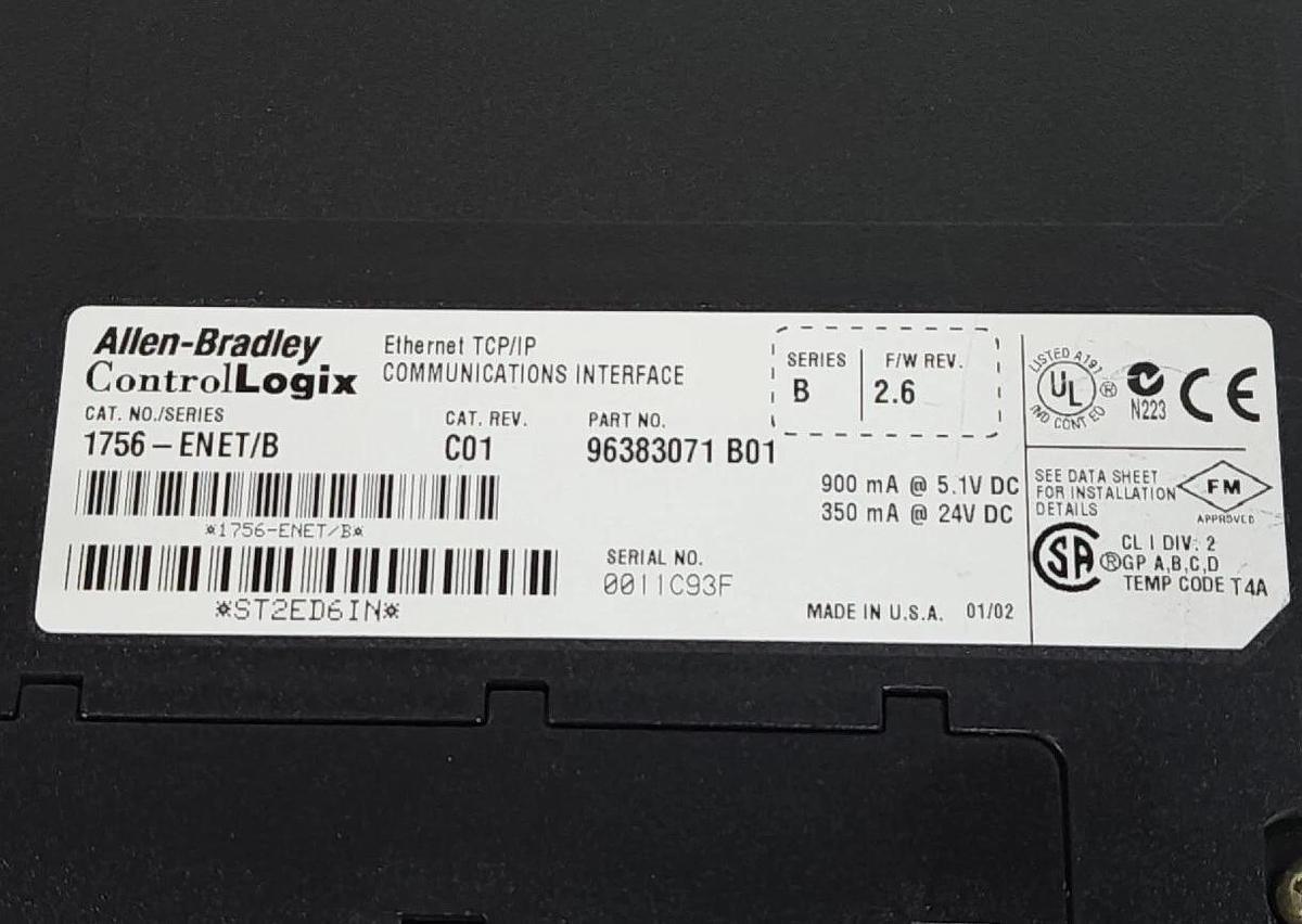Used ALLEN BRADLEY 1756-ENET/B CAT. REV. C01 CONTROLLOGIX COMMUNICATIONS MODULE