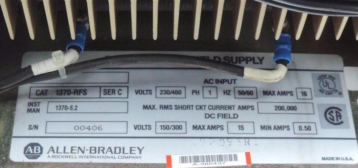 Used ALLEN BRADLEY 1370-RFS REGENERATIVE FIELD SUPPLY UNIT SER C, 230-460VAC, 16A