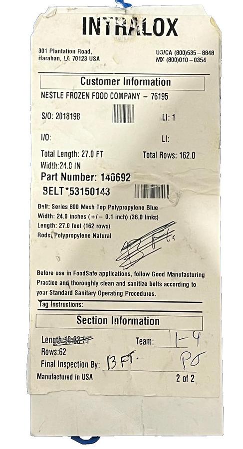 Used INTRALOX 140692 / 57544813 800 SER. MESH TOP BLUE BELT W=24'' L=27' 36 LINKS