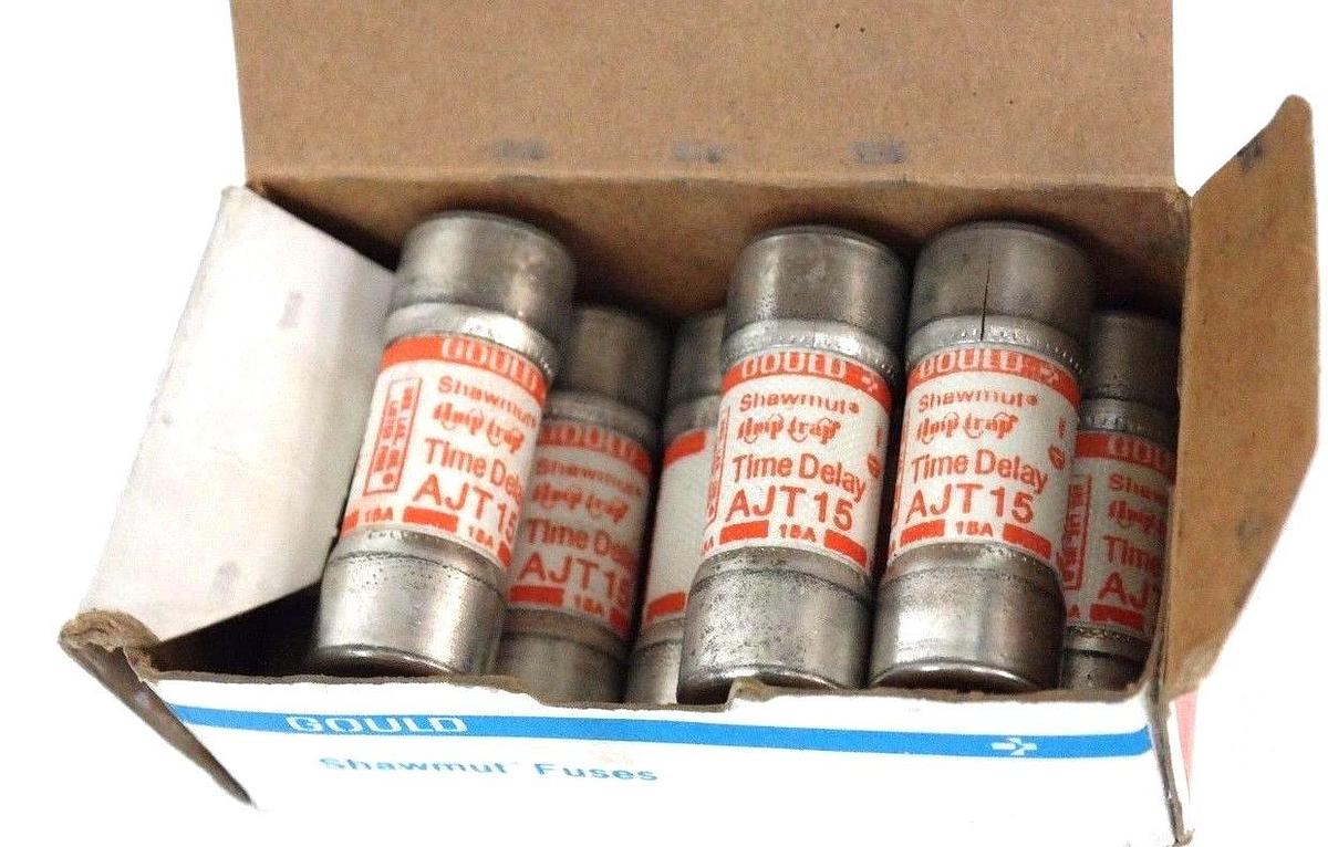 Used NEW GOULD SHAWMUT AJT15 AMP-TRAP TIME DELAY FUSE CLASS J 15AMPS - BOX OF 8