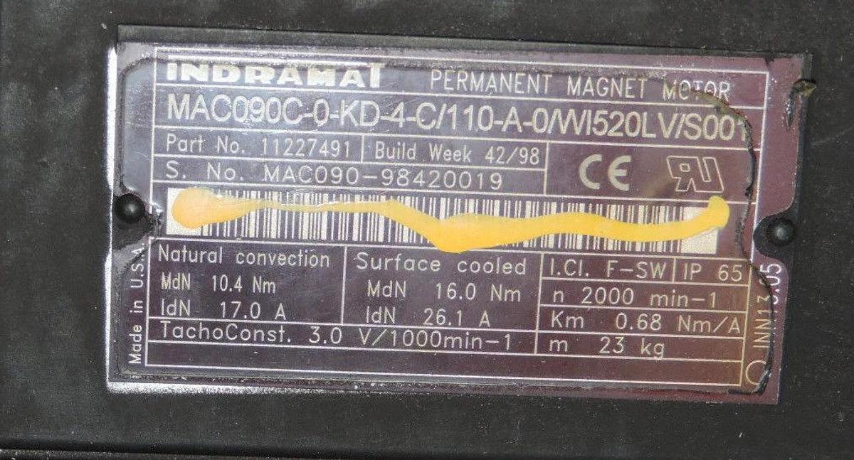Used INDRAMAT MAC090C-0-KD-4-C/110-A-0/WI520LVS001 PERMANENT MAGNET MOTOR PARTS ONLY