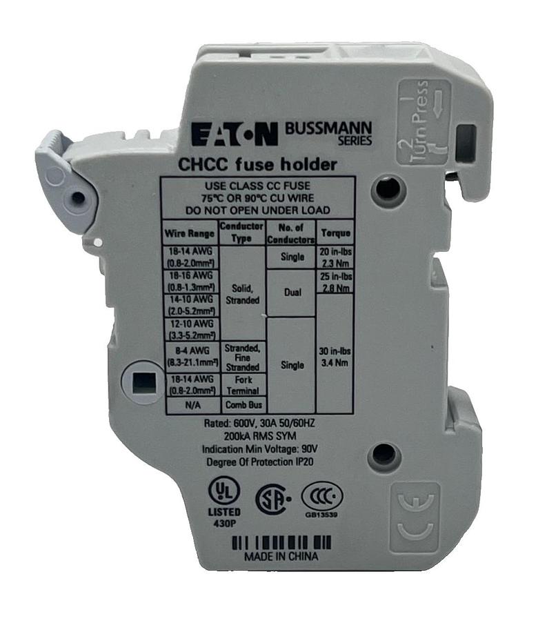 Used LOT OF 3 EATON CHCC1D Series Class CC Modular Fuse Holder – DIN‑Rail 30 A 600 V