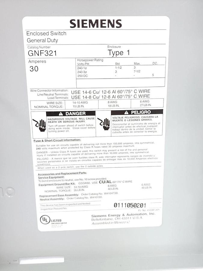 Used SIEMENS GNF321 GENERAL DUTY ENCLOSED SWITCH 30AMPS TYPE 1 ENCLOSURE
