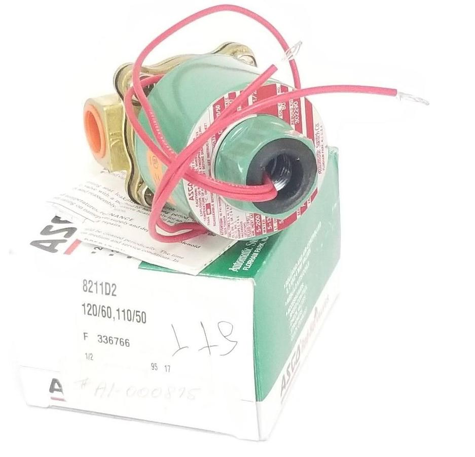 Used NIB ASCO RED-HAT 8211D2 SOLENOID VALVE 110/120V, 50/60HZ, 1/2" NPT, 6W, 302290