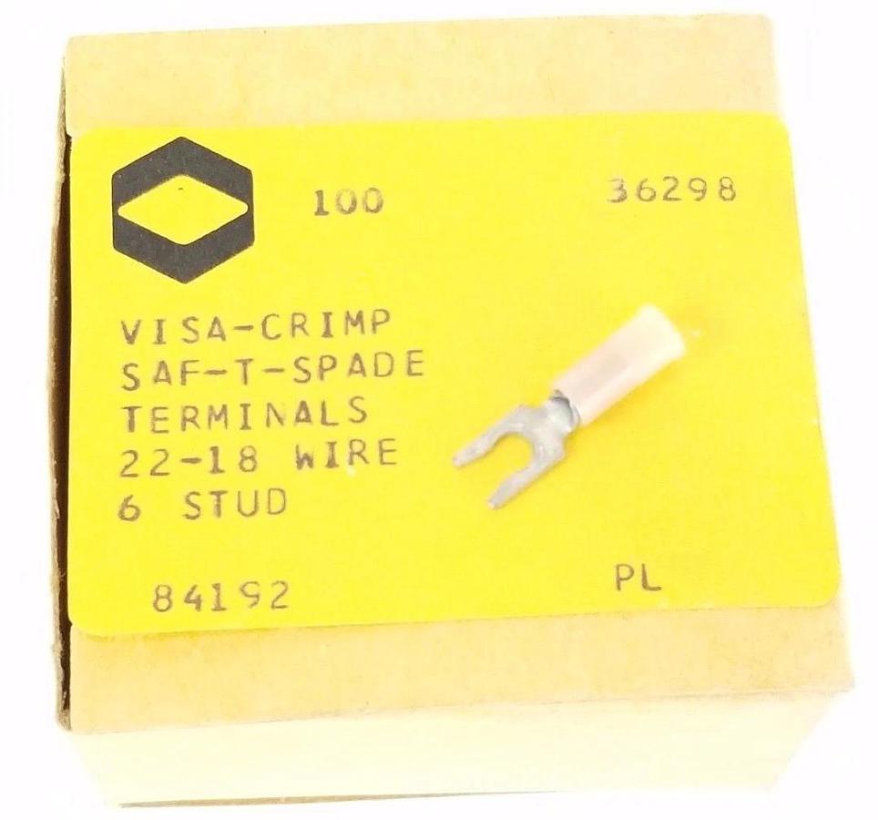 Used BOX OF 100 NEW VISA-CRIMP 84192, SAF-T-SPADE TERMINALS 22-18 WIRE 6 STUD