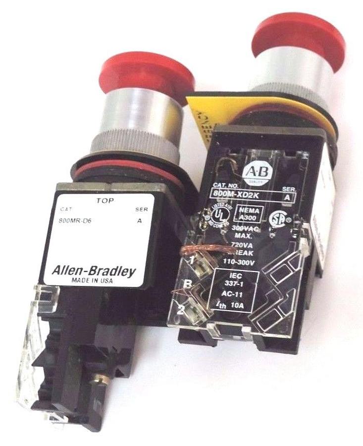Used LOT OF 2 ALLEN BRADLEY 800MR-D6 PUSHBUTTONS SER. A W/ 800M-XD2K SER. A CONTACTS