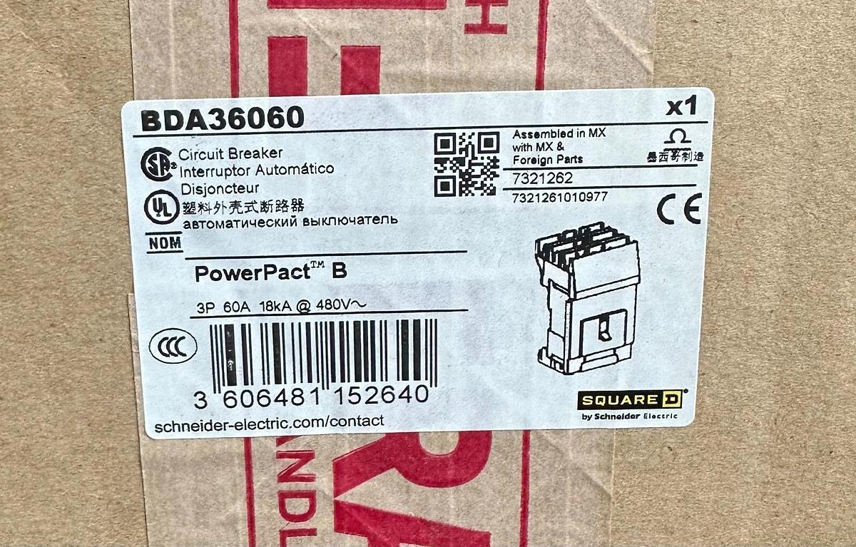 NEW SQUARE D BDA36060 PowerPact B CIRCUIT BREAKER 3P 60A 18kA @ 480V BD060