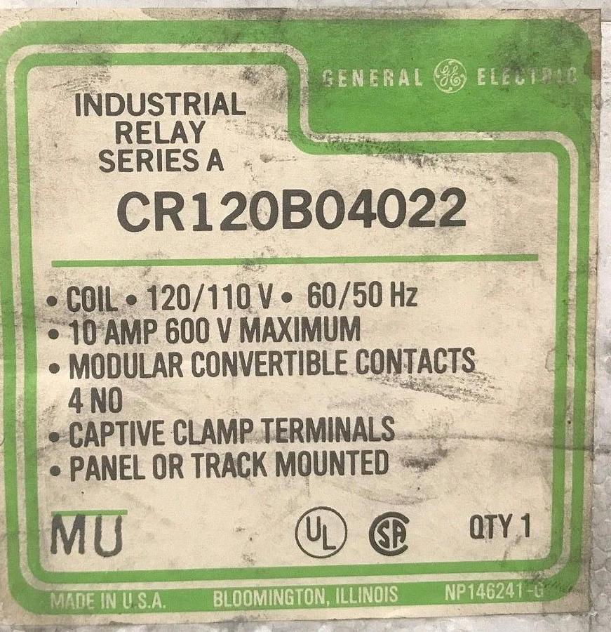 Used NIB GE GENERAL ELECTRIC CR120B04022 INDUSTRIAL RELAY SER. A, 120/110V COIL