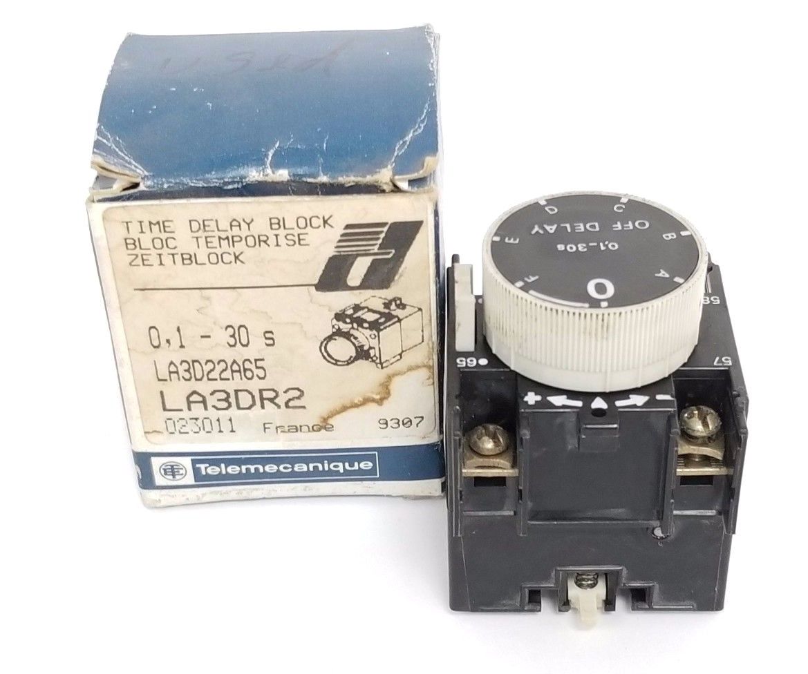 Used TELEMECANIQUE LA3D22A65 TIME DELAY BLOCK 10AMP .1-30SEC 500VAC 1NO/1NC, LA3DR2