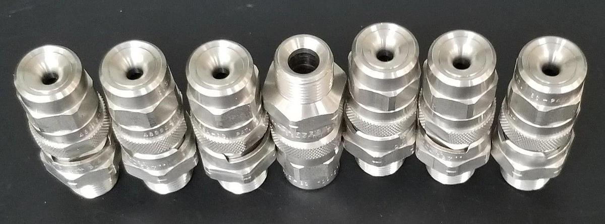 LOT OF 7 NEW SPRAYING SYSTEM CO. 3/8" QJJA-SS NOZZLES W/ 48992-QGA-SS, SS-24W