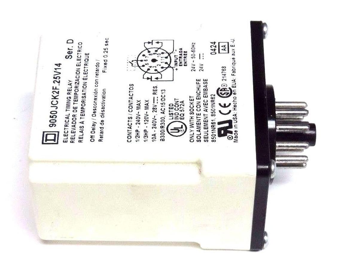 Used SQUARE D 9050-JCK2F.25V14 SER. D TIMING RELAY 240VAC, 10AMP, 25SEC., 11PIN