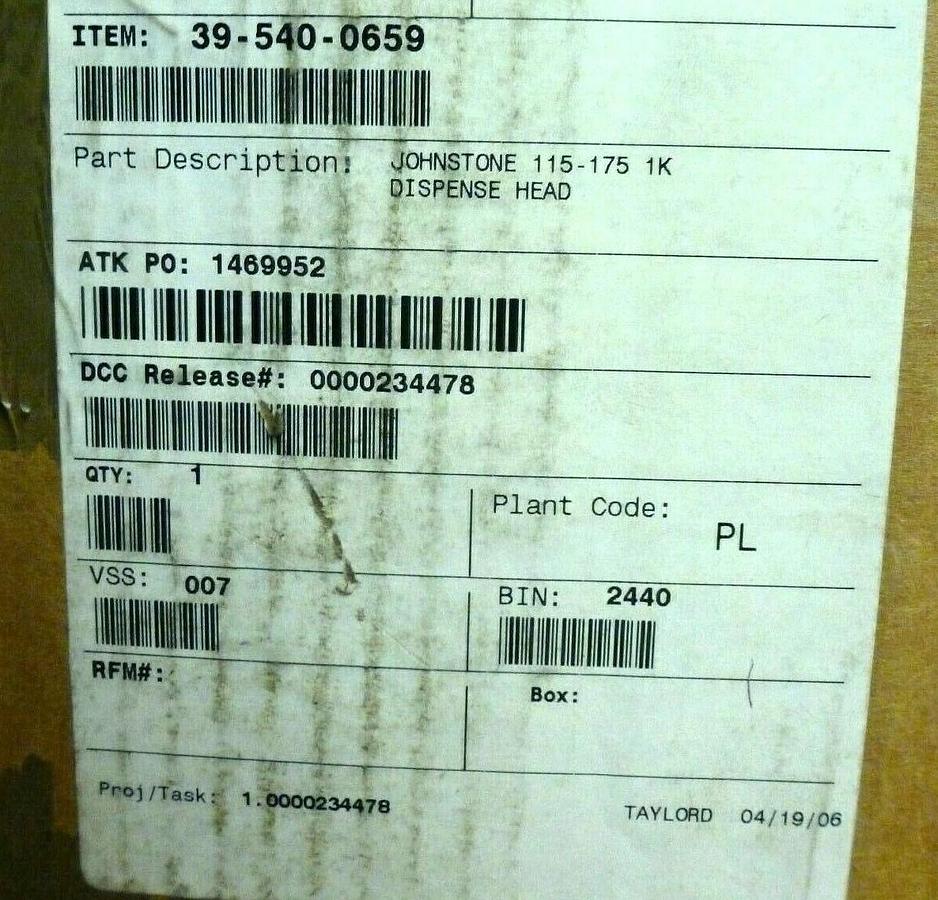 Used NEW JOHNSTONE 115-175 1K DISPENSE HEAD 75CC SLD RESERVOIR 115-175SR 39-540-0659