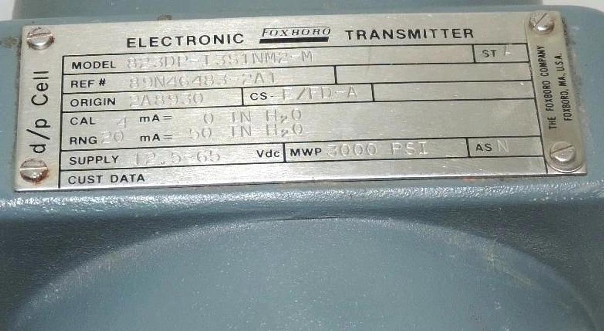 Used FOXBORO 823DP-I3S1NM2-M TRANSMITTER W/ B0138RA M/821AL, 823, 827 MED. RNG: 4-20