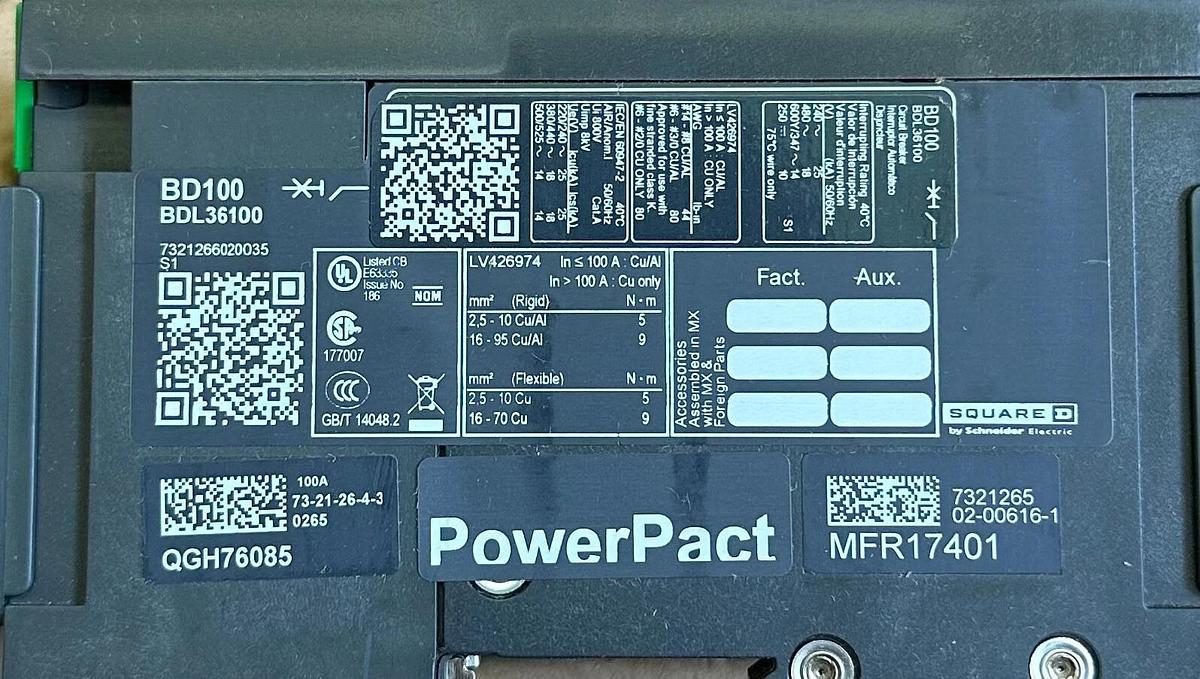 NEW SQUARE D BDL36100 PowerPact B CIRCUIT BREAKER BD100 3P 100A 18kA @ 480V
