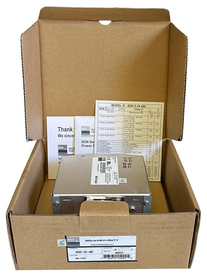 Used NEW SOLA/HEVI-DUTY SDN 5-24-480 / SDN524480 SDN SERIES POWER SUPPLY 5A 24VDC