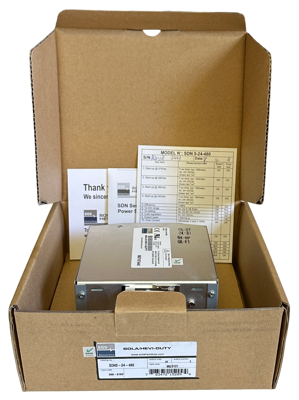 Used NEW SOLA/HEVI-DUTY SDN 5-24-480 / SDN524480 SDN SERIES POWER SUPPLY 5A 24VDC