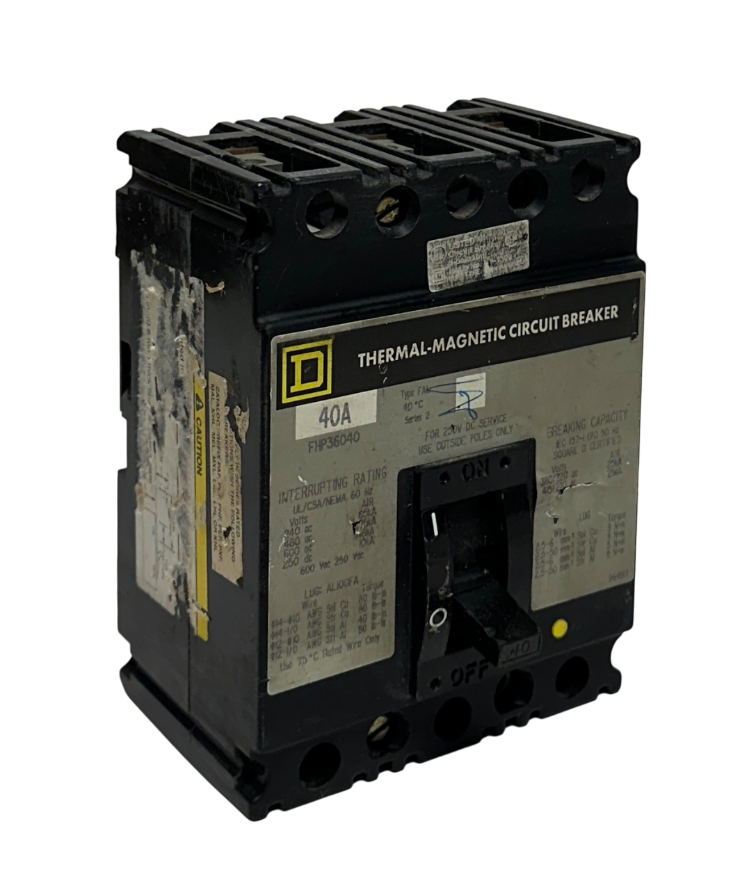 Used SQUARE D FHP36040 THERMAL-MAGNETIC CIRCUIT BREAKER 40A 600VAC/250VDC USNP