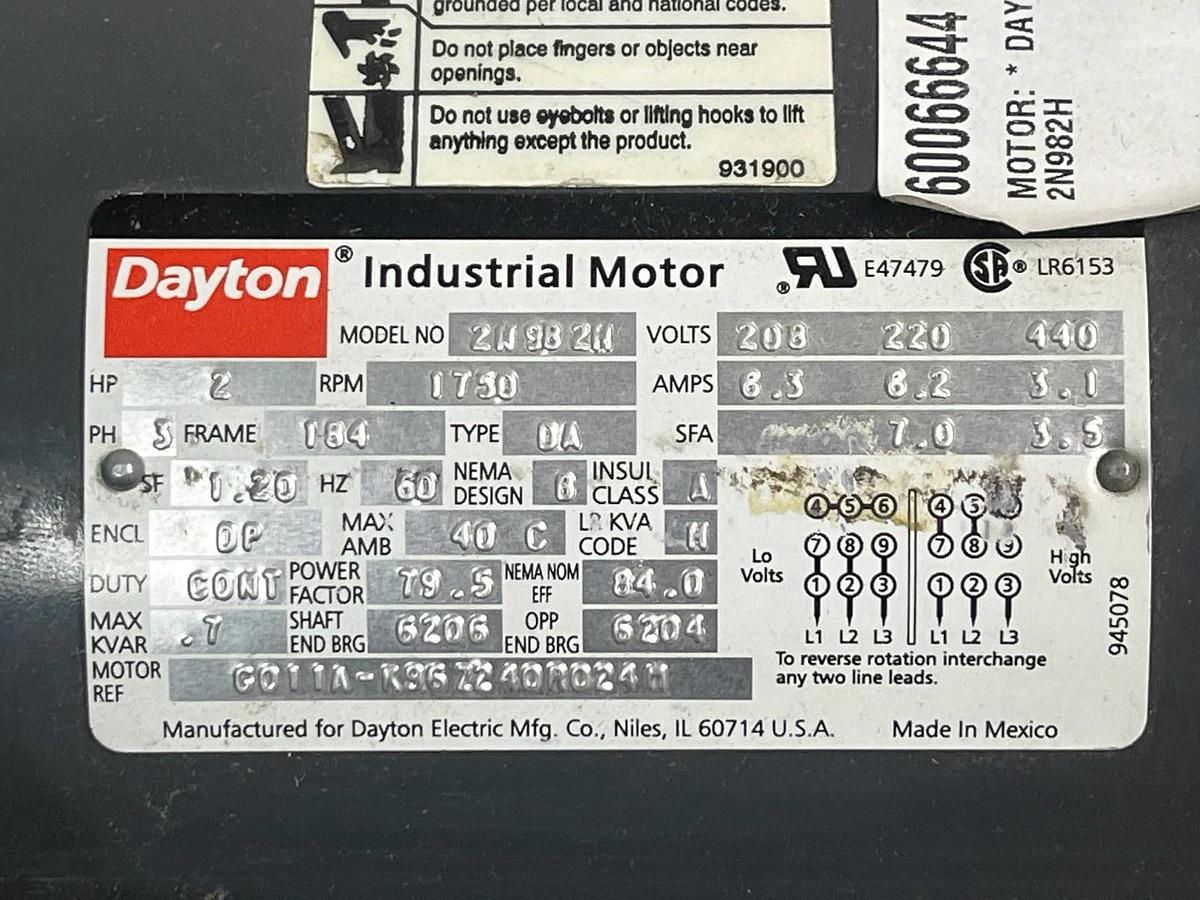 Dayton 2N982H Industrial Motor 2 HP 1750 RPM 3-Phase 230/460V ODP 182/4T