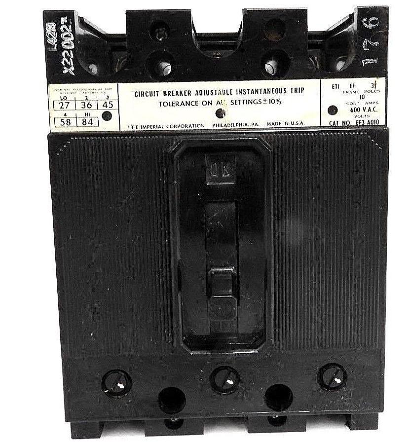 Used ITE SIEMENS EF3-A010 CIRCUIT BREAKER 10 AMPS, 600 VAC, 3 POLE, EF FRAME