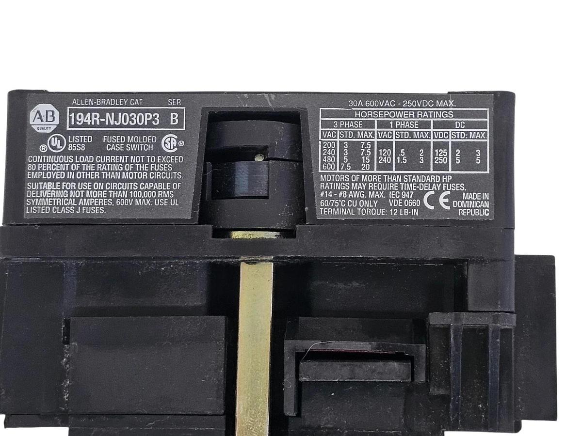 Used ALLEN BRADLEY 194R-NJ030P3 SER. B FUSED DISCONNECT SWITCH 194RNJ030P3 3-POLE