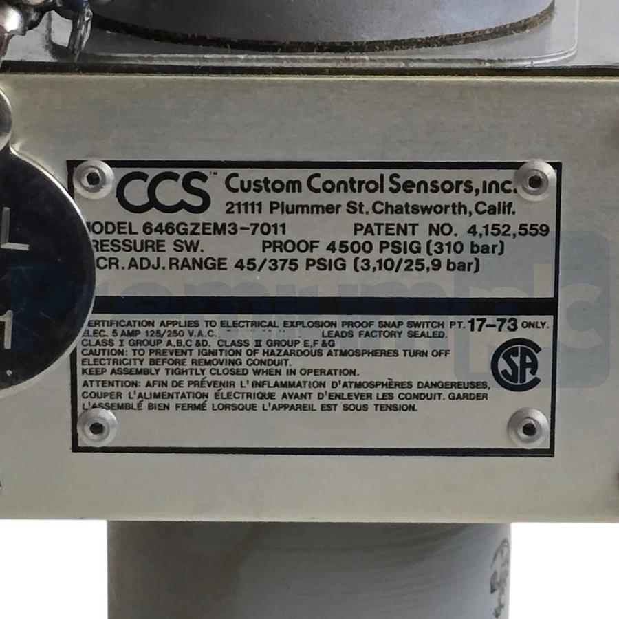 Used CCS Custom Control Sensors 646GZEM3-7011 Dual-Snap Ex Pressure Switch 45-375PSIG